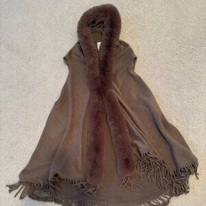 Long hooded Sweater Vest. Faux FurTrim.  Fringe edging. Boho S/M